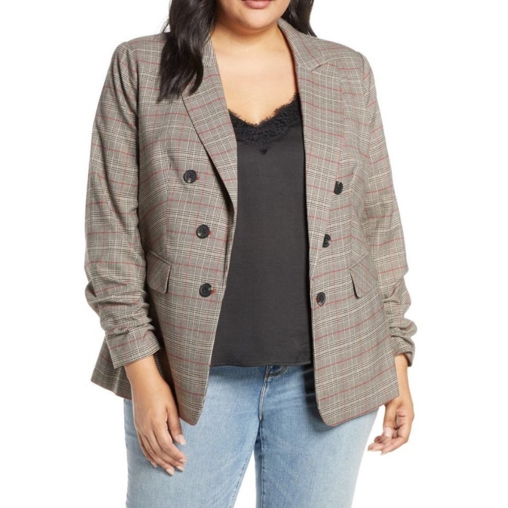1.State Plaid Blazer With Ruched Sleeves Size 2X